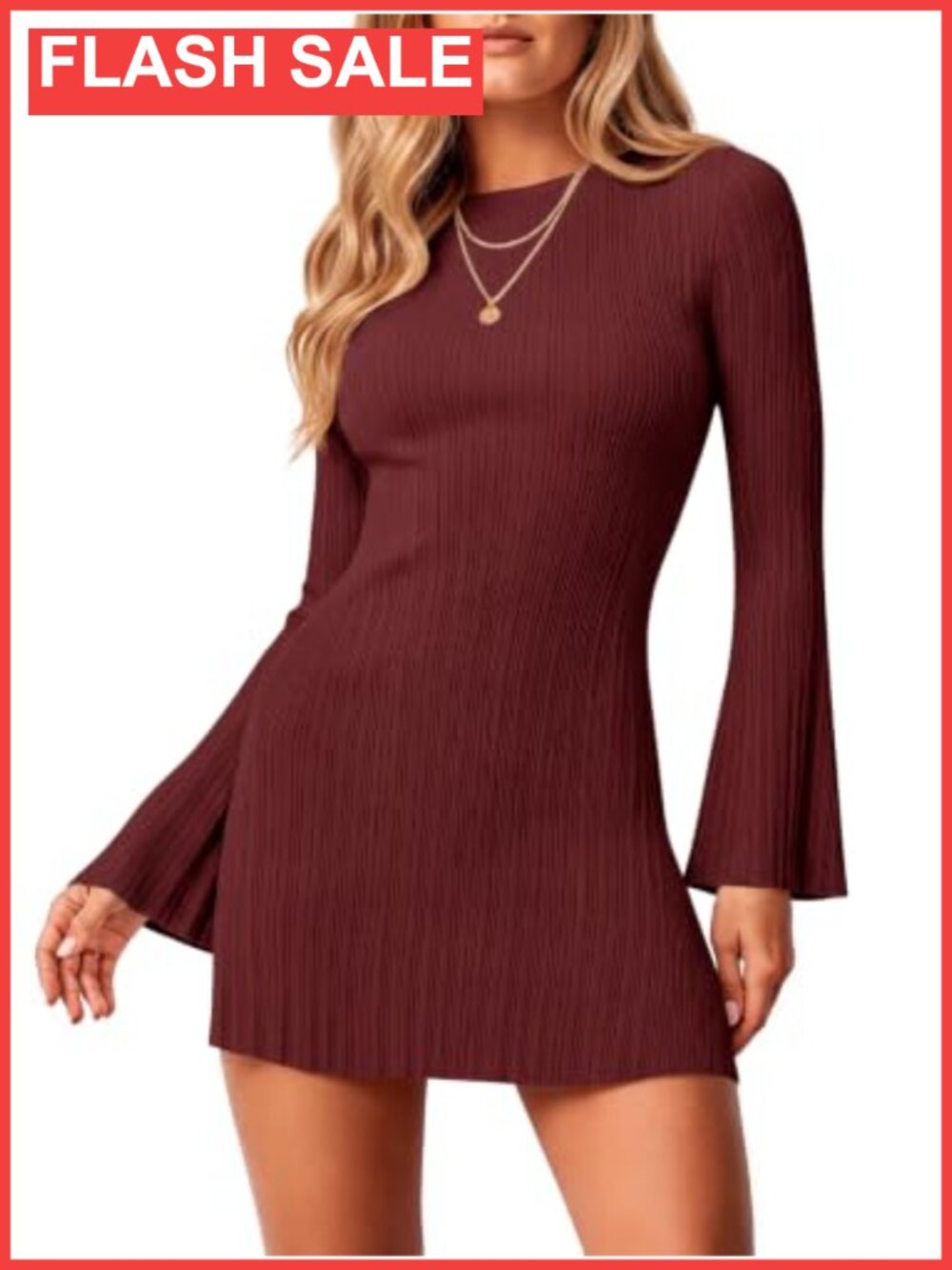 Ribbed Knit Backless Mini Dress Long Bell Sleeve Bodycon Tie Party
